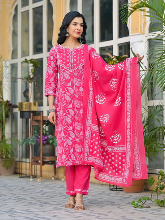 Printed Cotton Blend Kurta With Pants & Dupatta