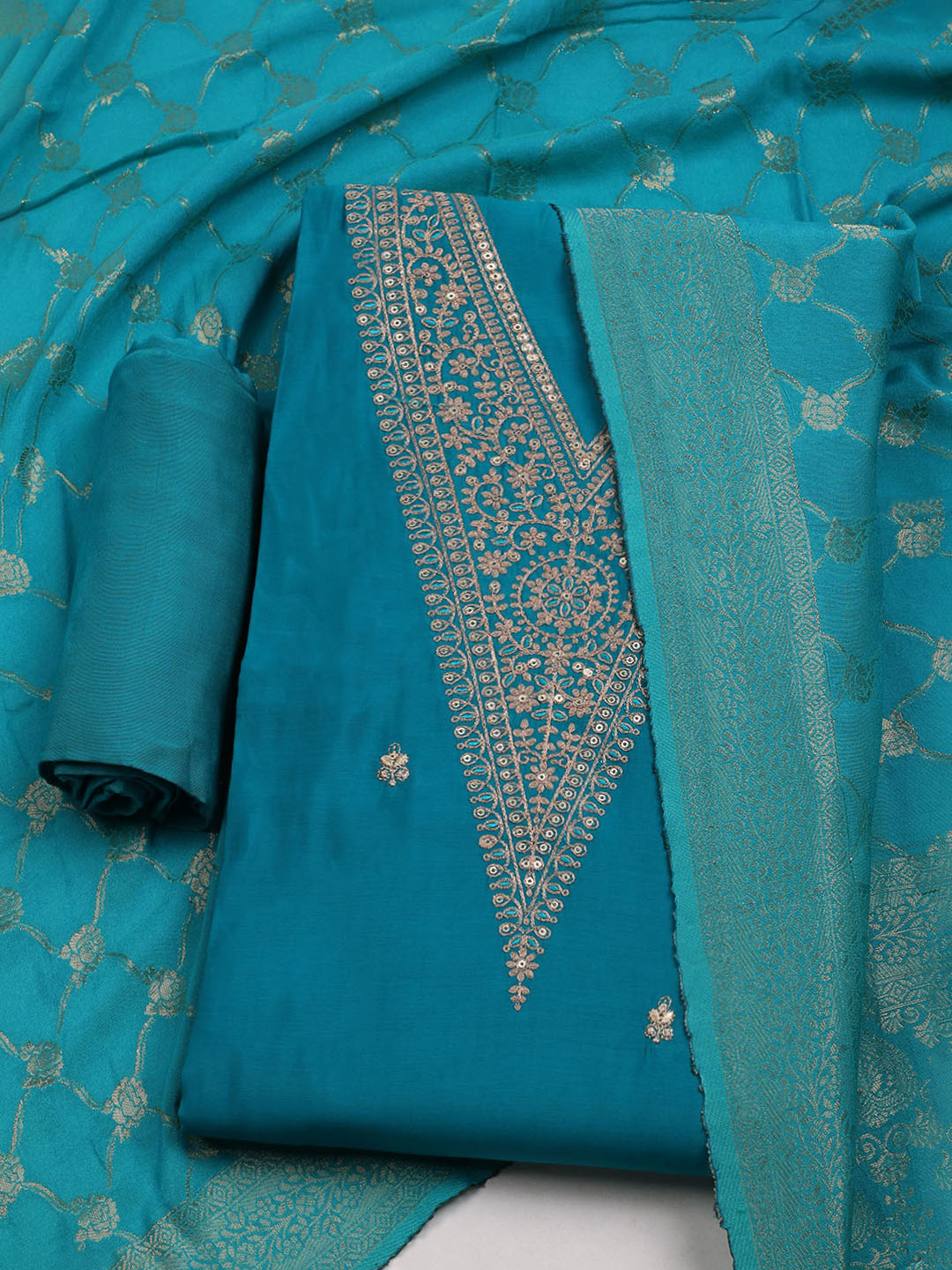 Embroidered Chanderi Unstitched Suit With Dupatta
