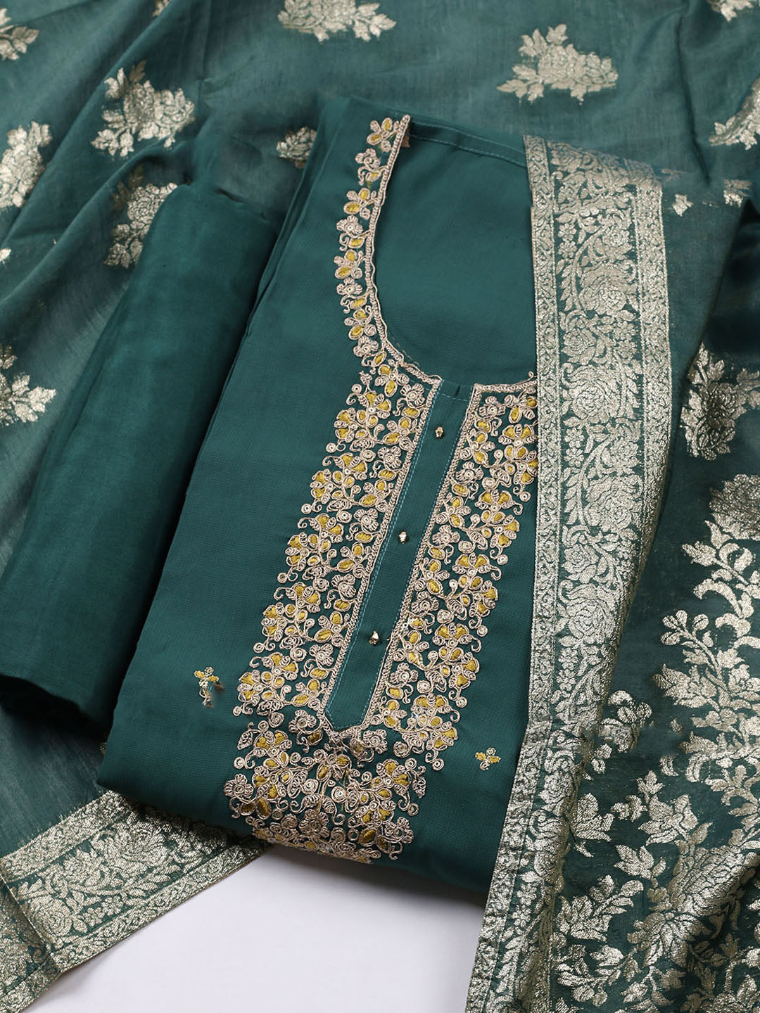 Neck Embroidered Cotton Blend Unstitched Suit With Dupatta
