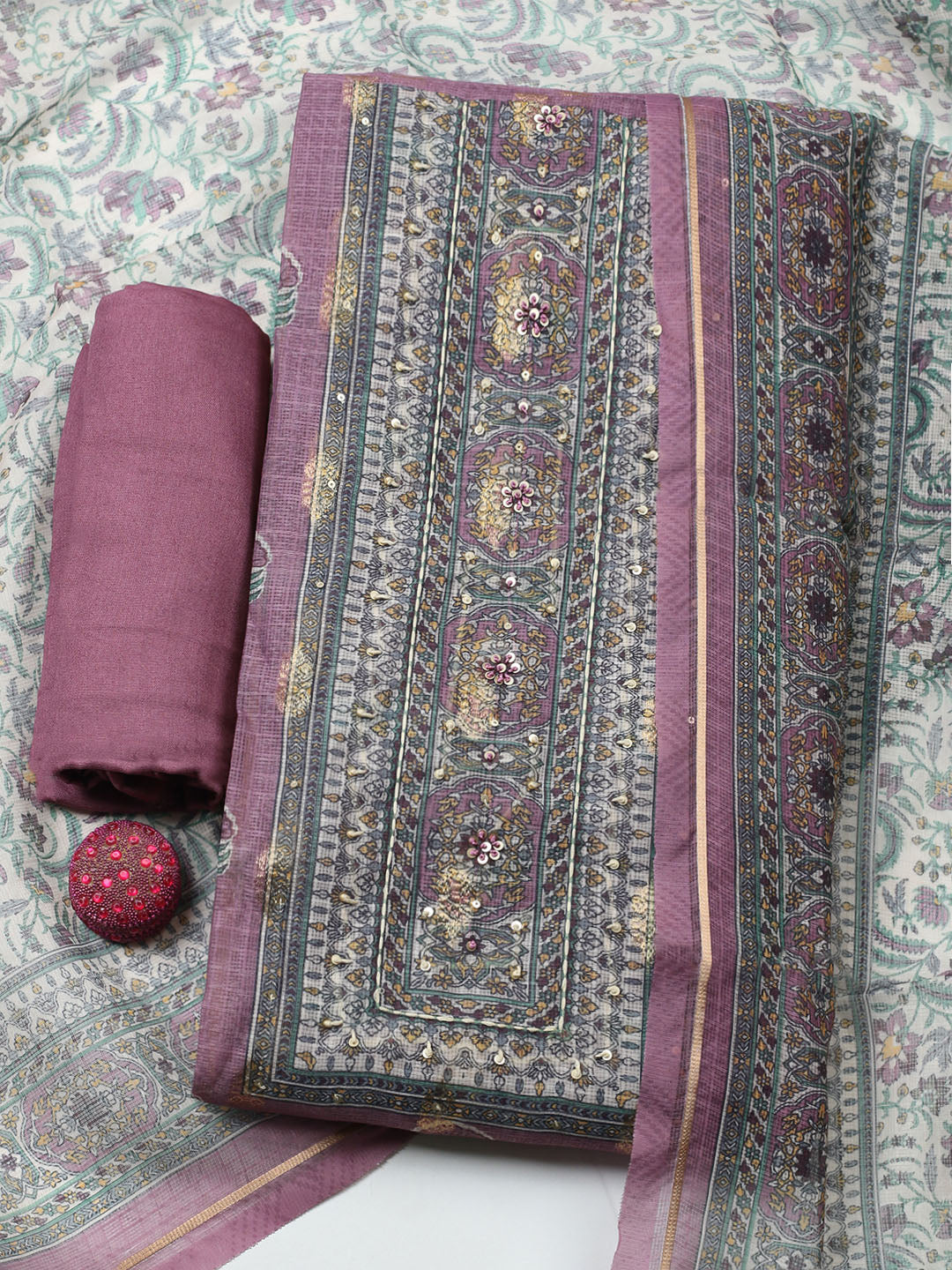 Embroidered Linen Blend Unstitched Suit With Pant &amp; Dupatta