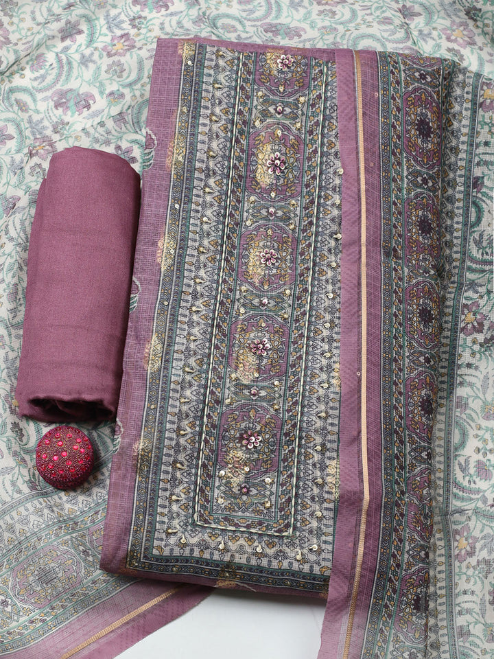 Embroidered Linen Blend Unstitched Suit With Pant &amp; Dupatta