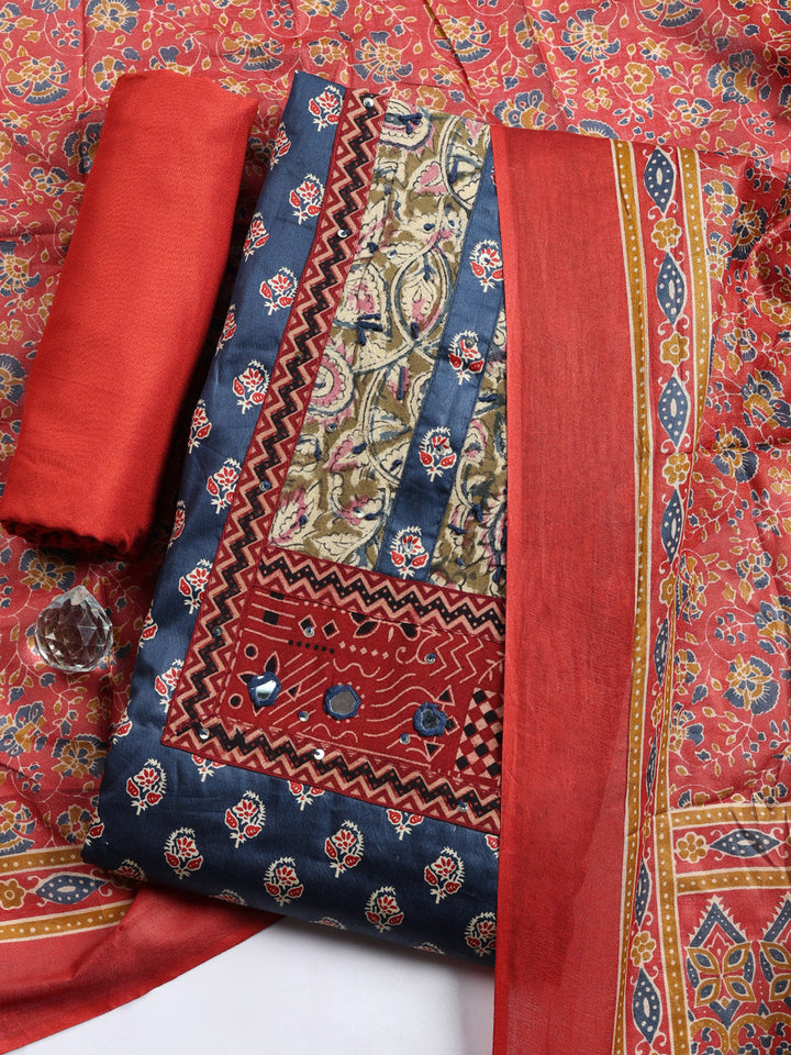 Printed Cotton Blend Unstitched Suit With Pant &amp; Dupatta