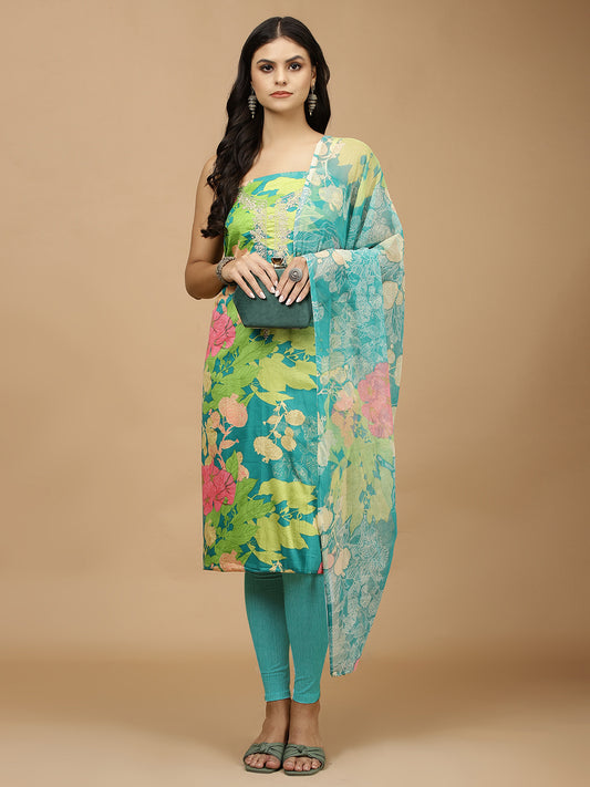 Floral Print Cotton Unstitched Suit With Dupatta