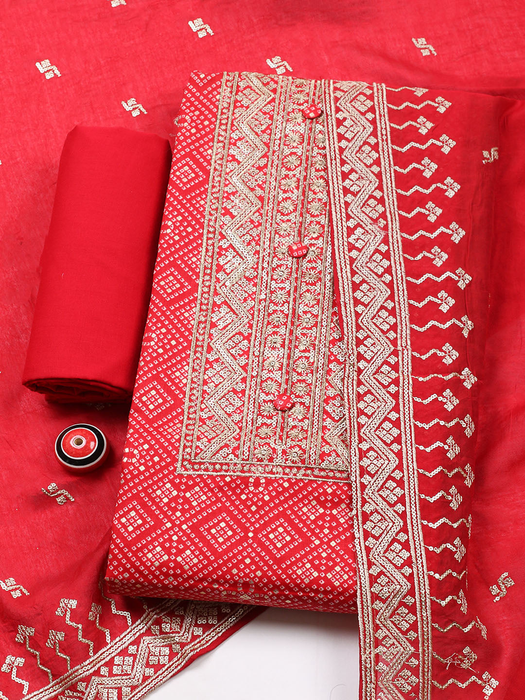 Embroidered Cotton Unstitched Suit With Pant &amp; Dupatta
