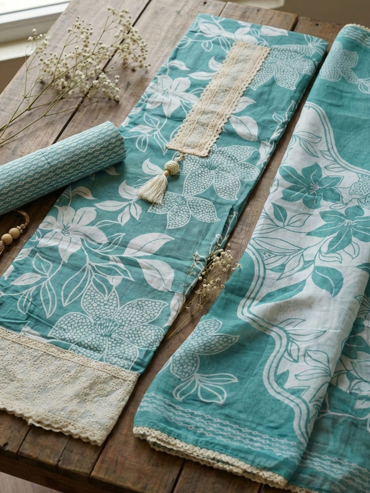 Printed Cotton Blend Unstitched Suit With Pant &amp; Dupatta