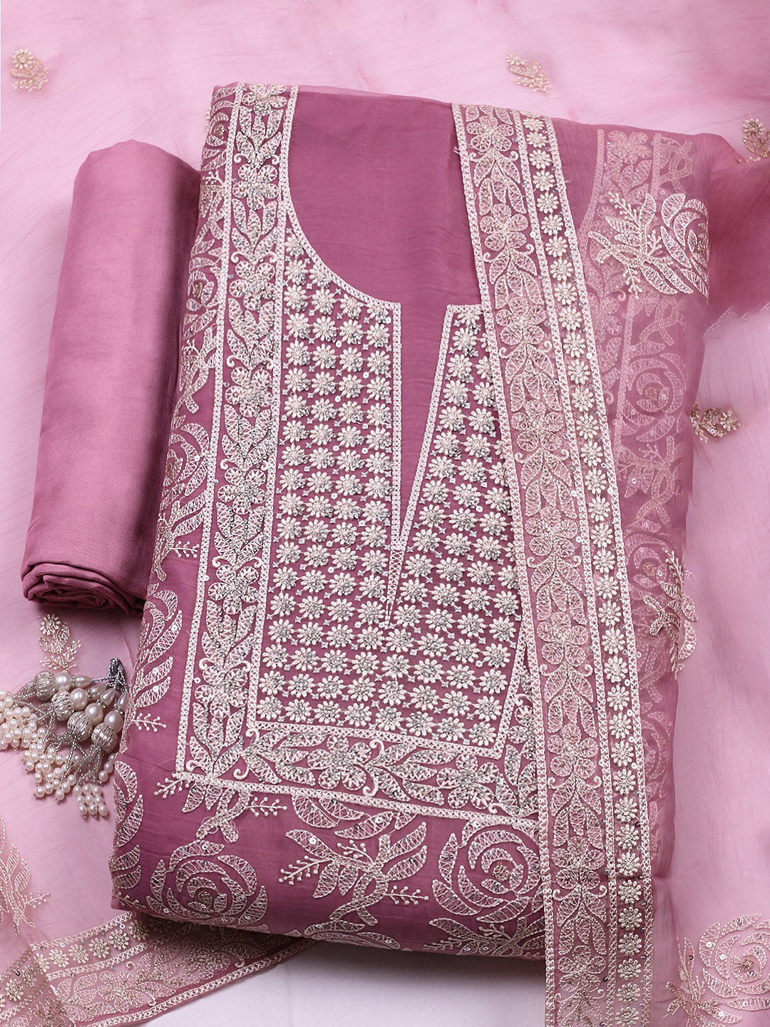 Embroidered Organza Unstitched Suit With Pant &amp; Dupatta