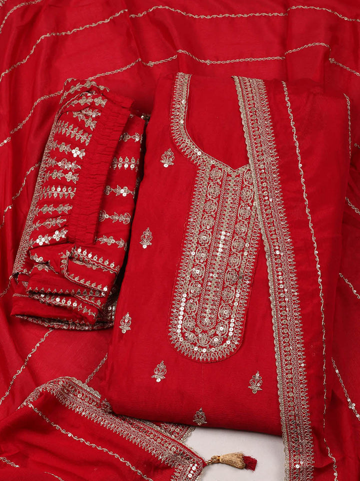 Embroidered Chinon Red Unstitched Suit With Pant &amp; Dupatta