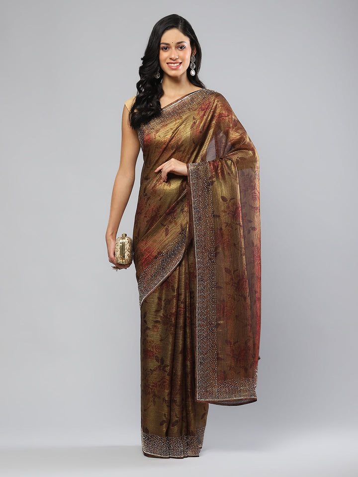 Printed &amp; Stone Border Chiffon Saree