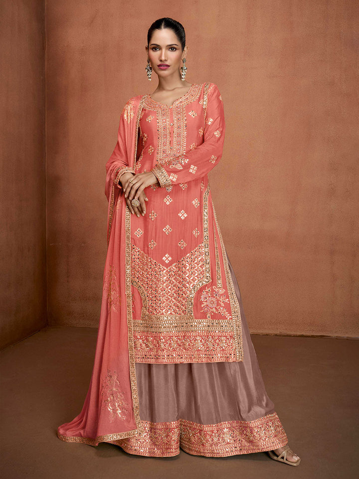 Embroidered Chinon Kurta With Plazzo &amp; Dupatta
