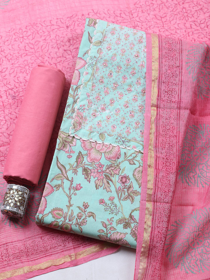 Printed Cotton Blend Unstitched Suit With Pant &amp; Dupatta