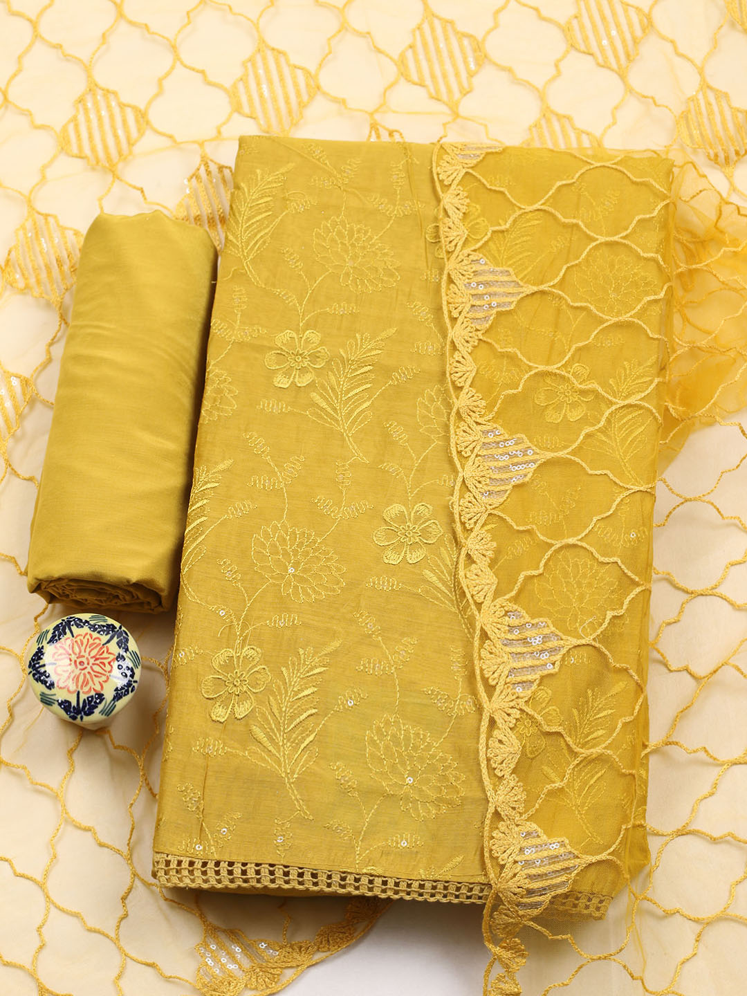 Embroidered Chanderi Unstitched Suit With Pant &amp; Dupatta