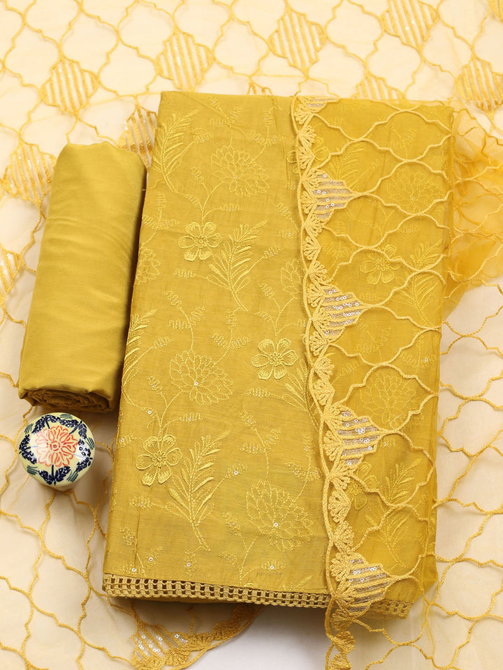 Embroidered Chanderi Unstitched Suit With Pant &amp; Dupatta