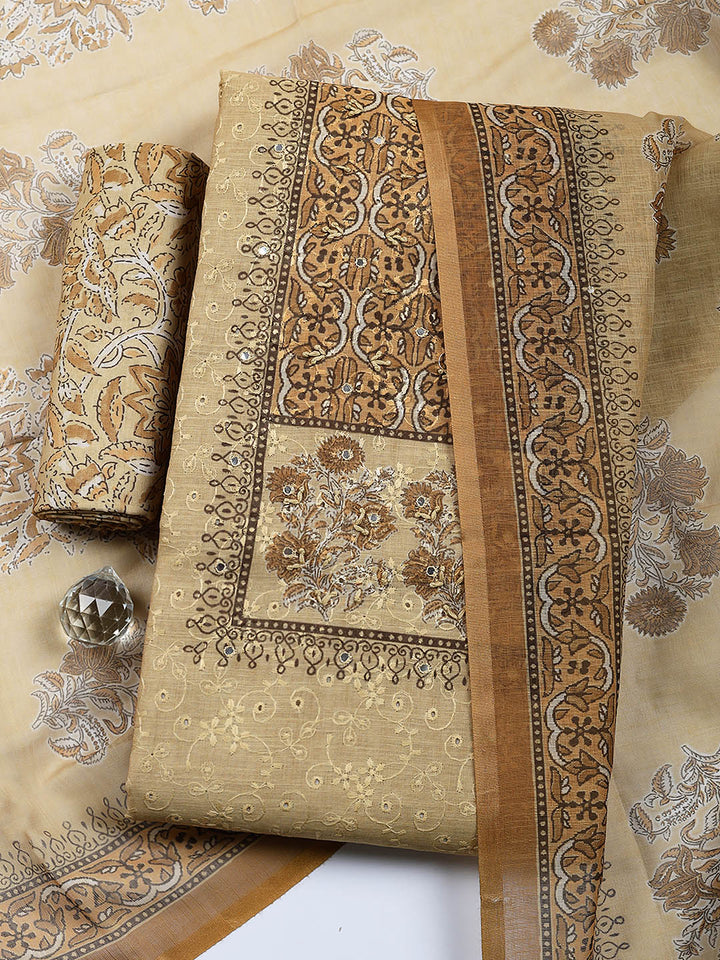 Embroidered Cotton Blend Unstitched Suit With Pant &amp; Dupatta