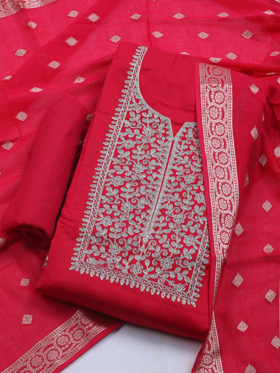 Neck Embroidered Chanderi Unstitched Suit With Dupatta