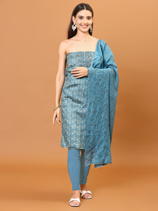 Neck Embroidery & Printed Cotton Blend Unstitched Suit Piece With Dupatta