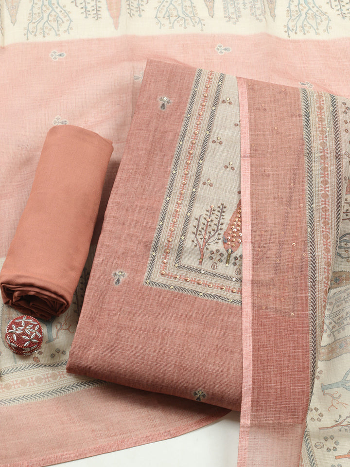 Printed Linen Blend Unstitched Suit With Pant &amp; Dupatta