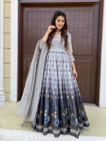 Floral Printed Anarkali Kurta With Churidar & Dupatta