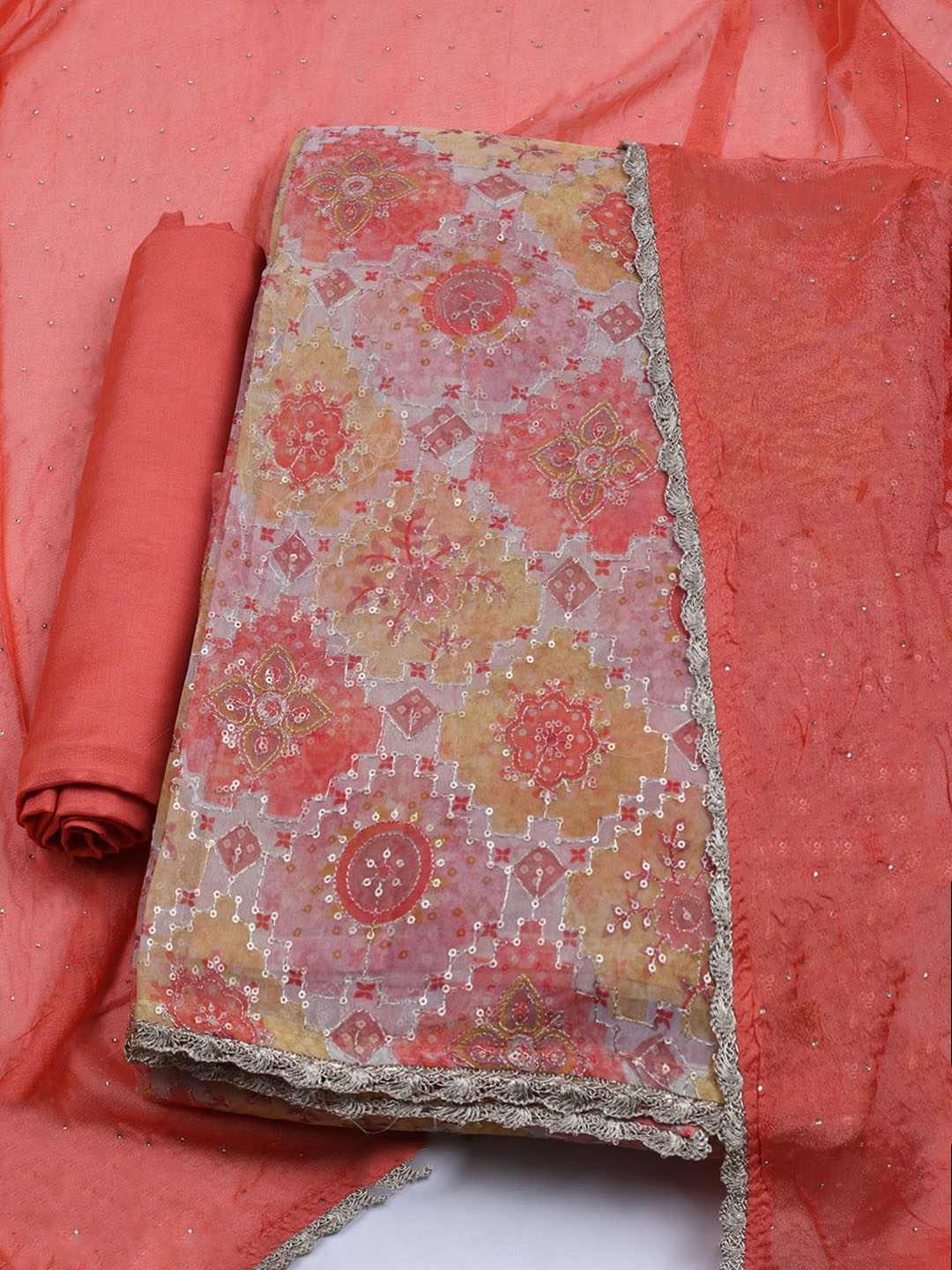 Neck Embroidered Chinon Unstitched Suit With Dupatta