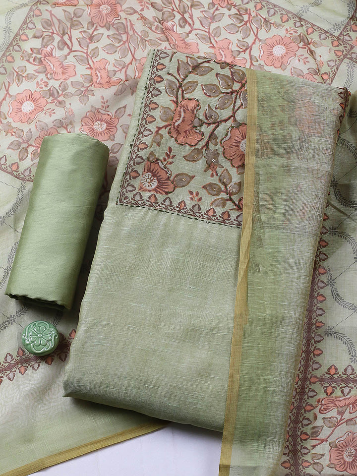 Embroidered Chanderi Unstitched Suit With Pant &amp; Dupatta