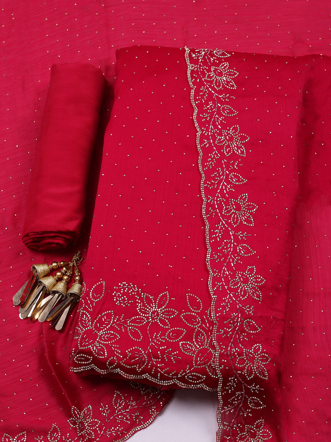 Embellished Chiffon Unstitched Suit With Pant &amp; Dupatta