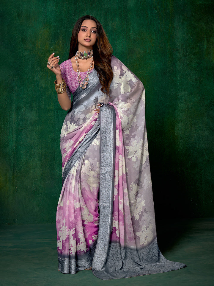 Ombre Floral Printed Georgette Saree