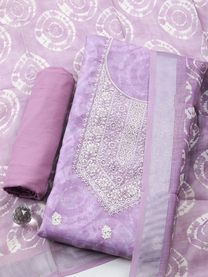 Embroidered Linen Blend Unstitched Suit With Pant Dupatta
