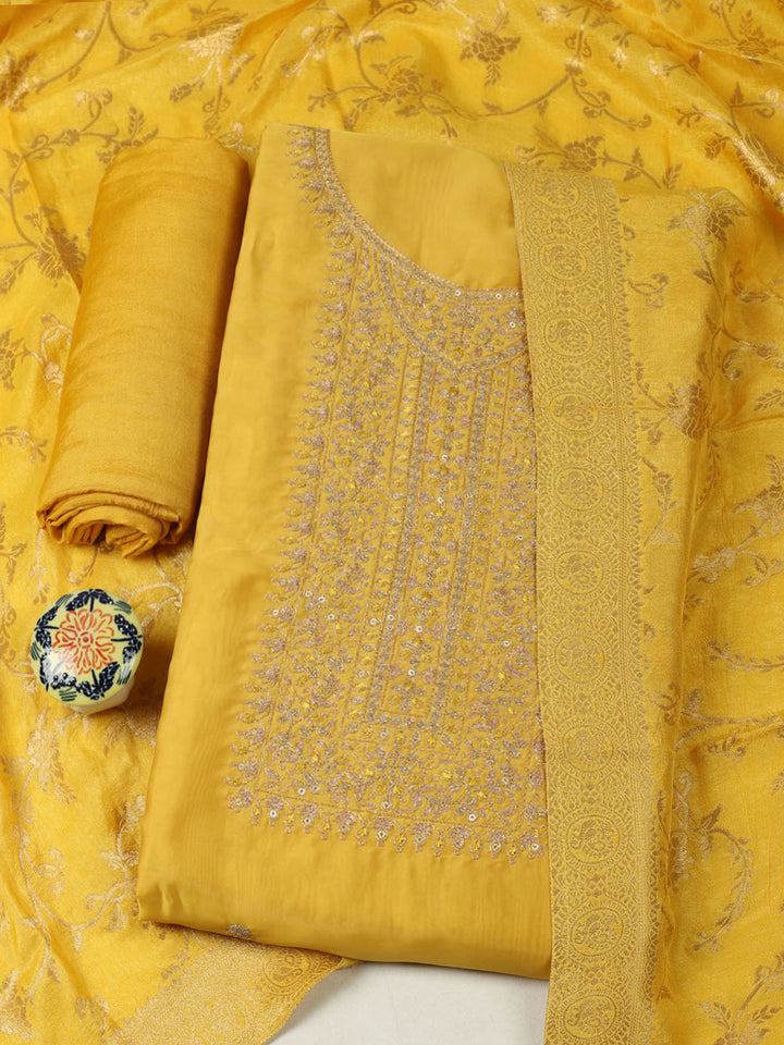 Embroidered Chanderi Unstitched Suit With Pant &amp; Dupatta