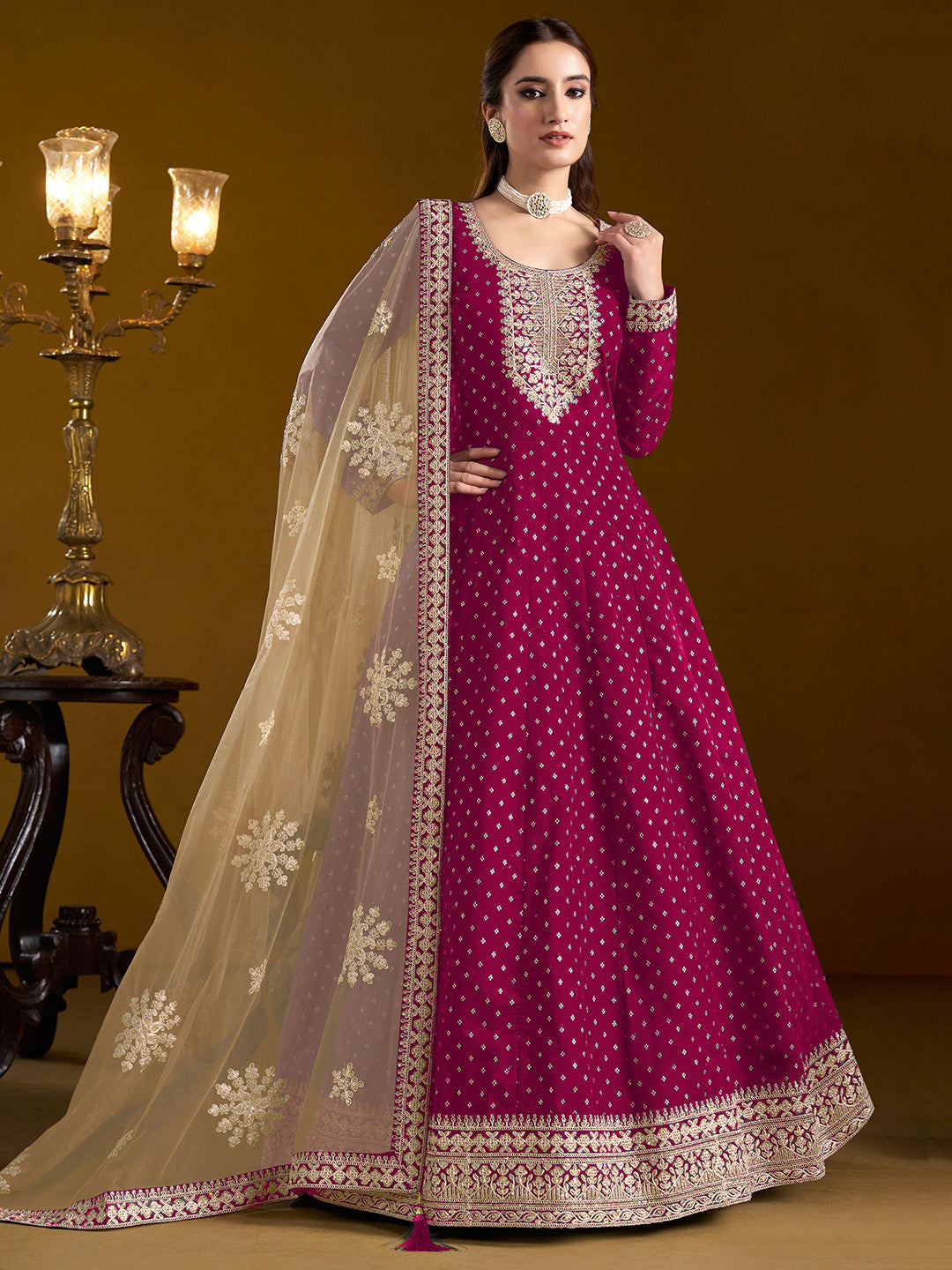 Embroidered Chanderi Semi Stitched Kurta With Salwar &amp; Dupatta