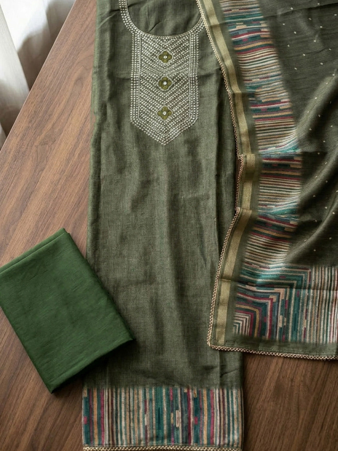 Embroidered Chanderi Unstitched Suit With Pant &amp; Dupatta
