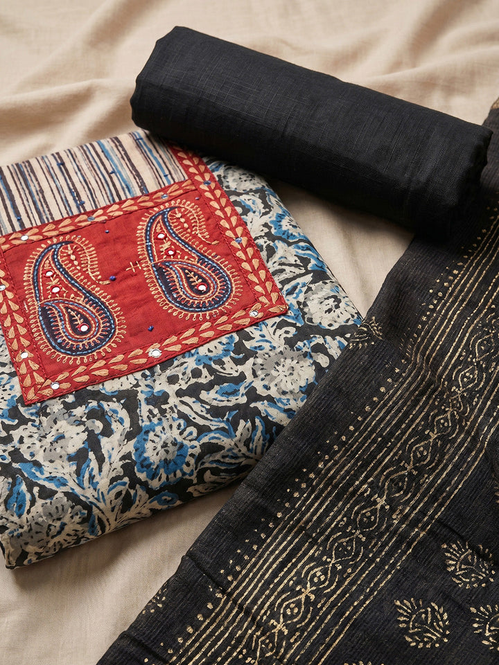 Printed Cotton Blend Unstitched Suit With Pant &amp; Dupatta