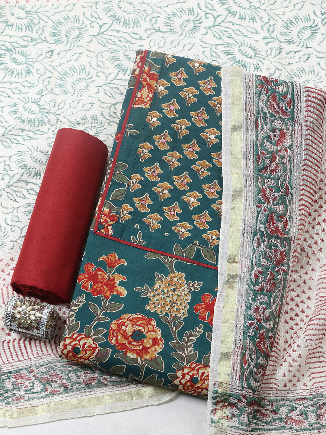 Printed Cotton Blend Unstitched Suit With Pant &amp; Dupatta