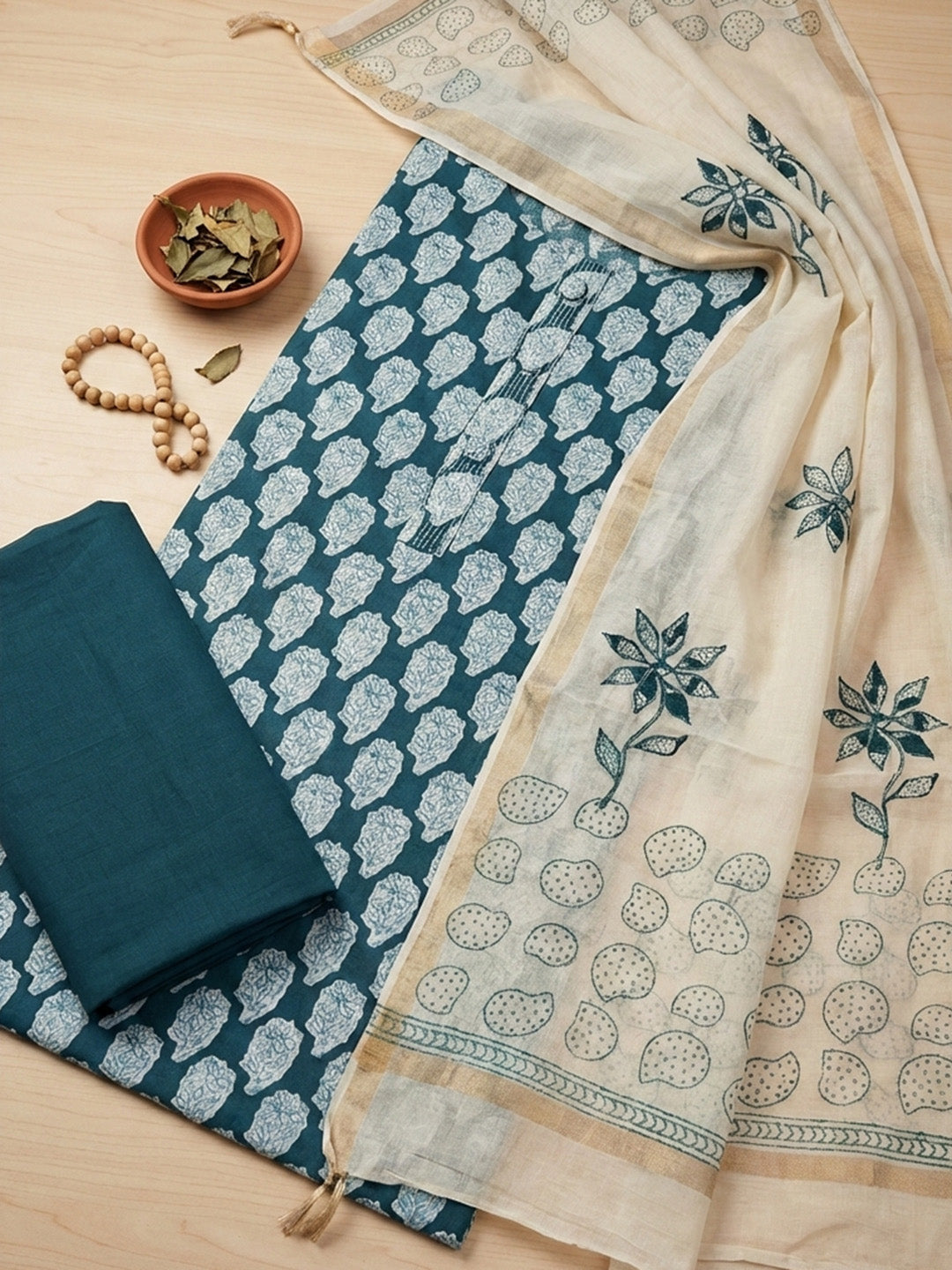Printed Cotton Blend Unstitched Suit With Pant &amp; Dupatta
