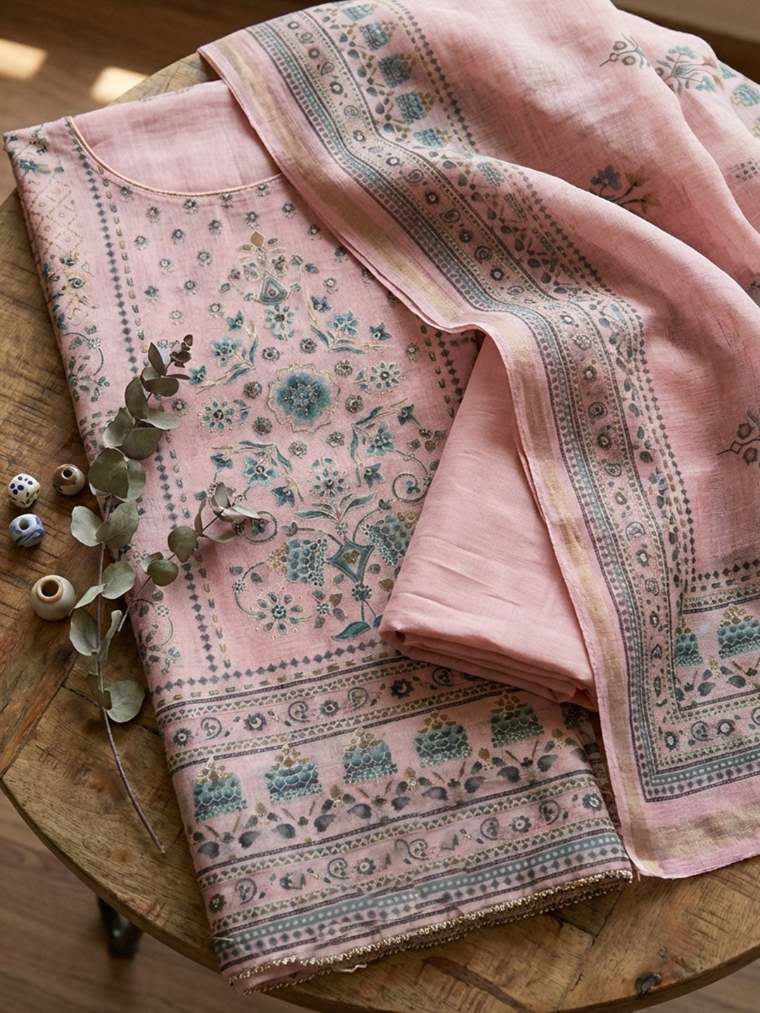 Printed Cotton Blend Unstitched Suit With Pant &amp; Dupatta