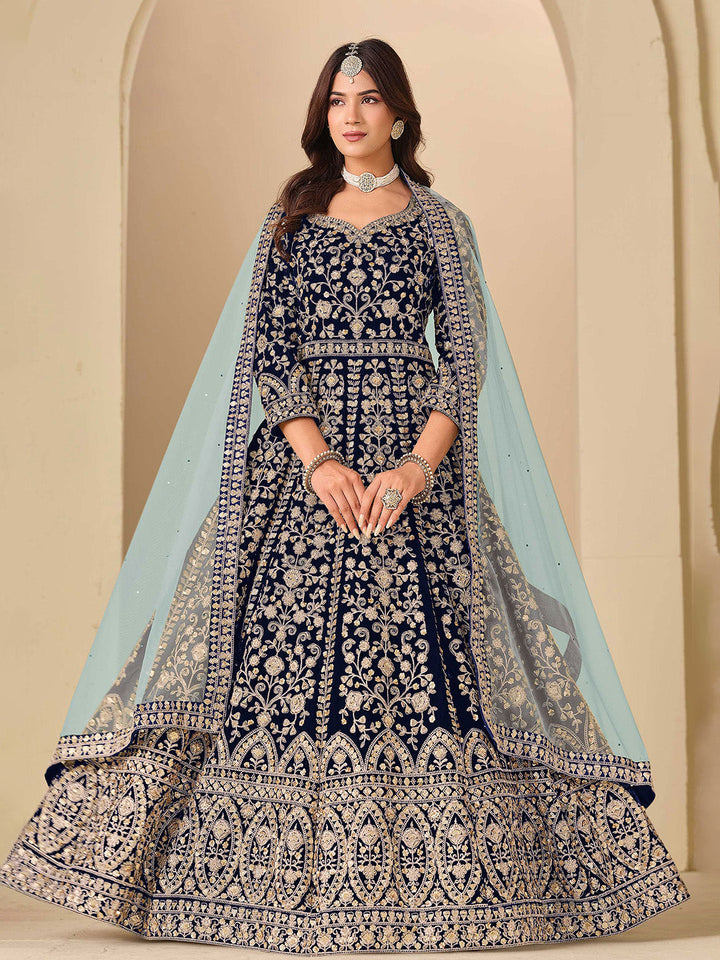Embroidered Velvet Semi Stitched Kurta With Pant &amp; Dupatta