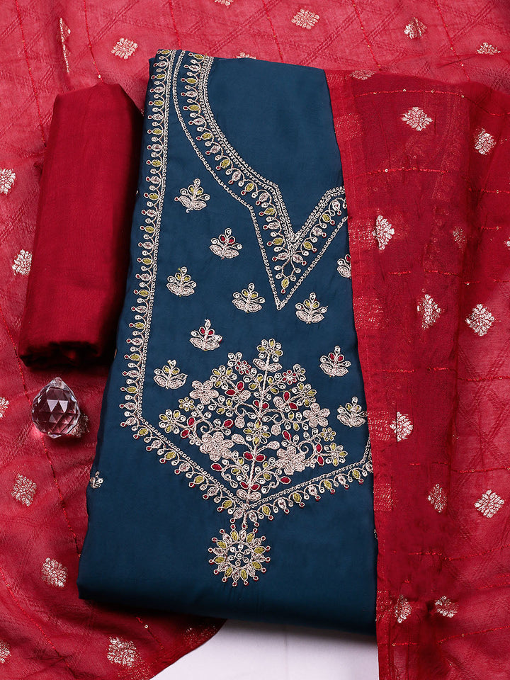 Neck Embroidered Chanderi Unstitched Suit With Dupatta