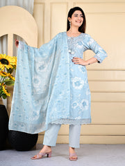 Neck Embroidered Cotton Blend Kurta With Pants & Dupatta