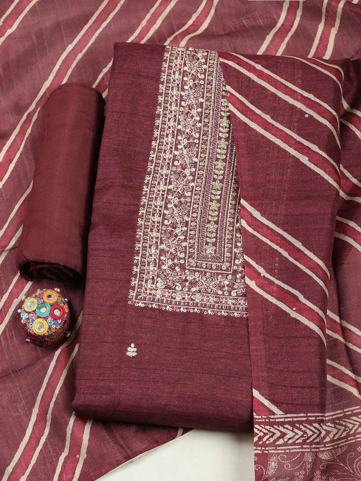 Embroidered Chanderi Unstitched Suit With Pant &amp; Dupatta