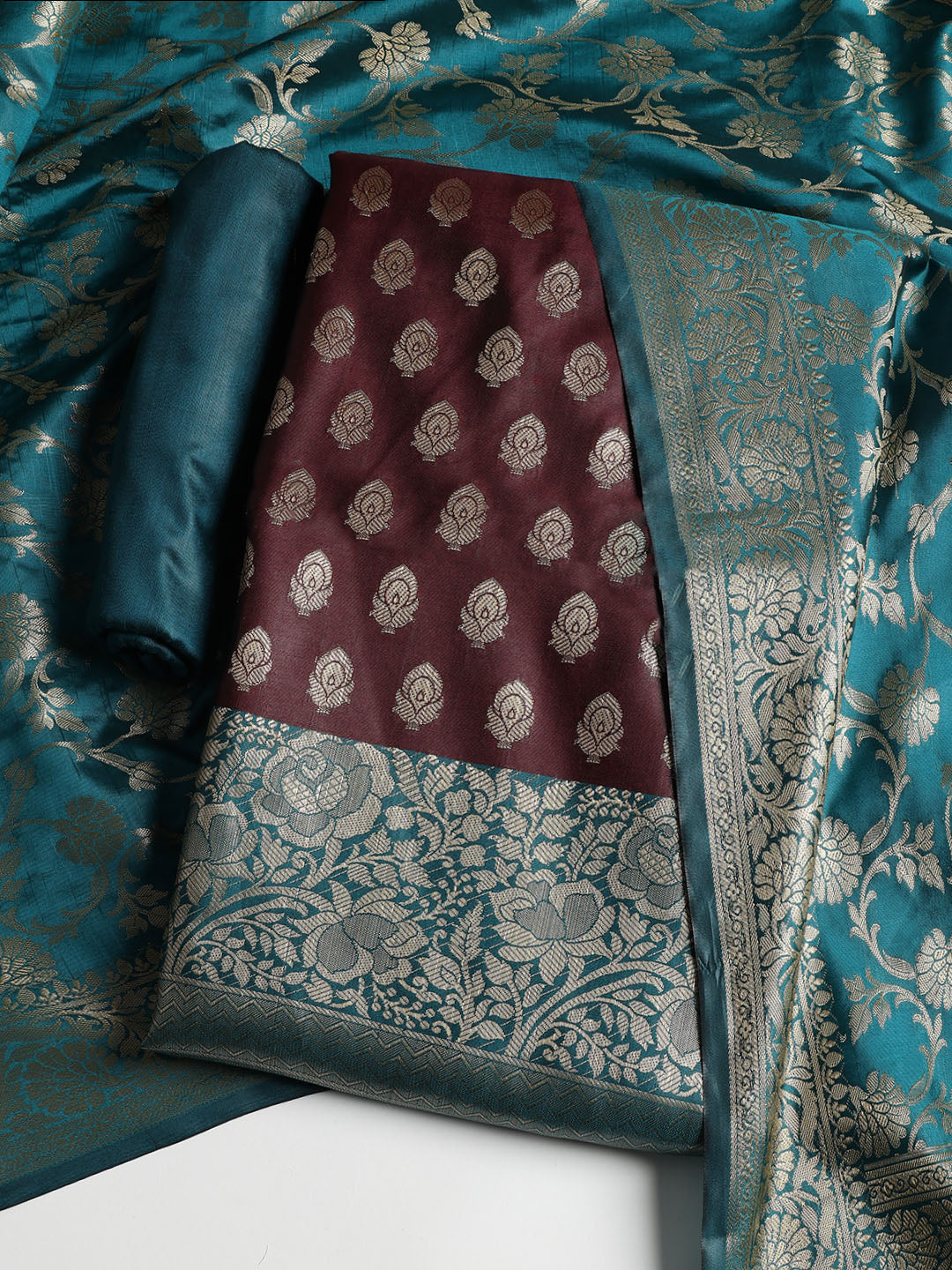 Woven Banarasi Chanderi Unstitched Suit With Dupatta