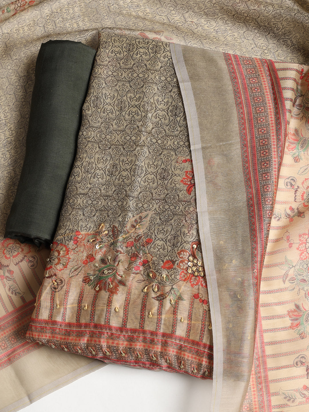 Printed Booti Chanderi Unstitched Suit With Dupatta
