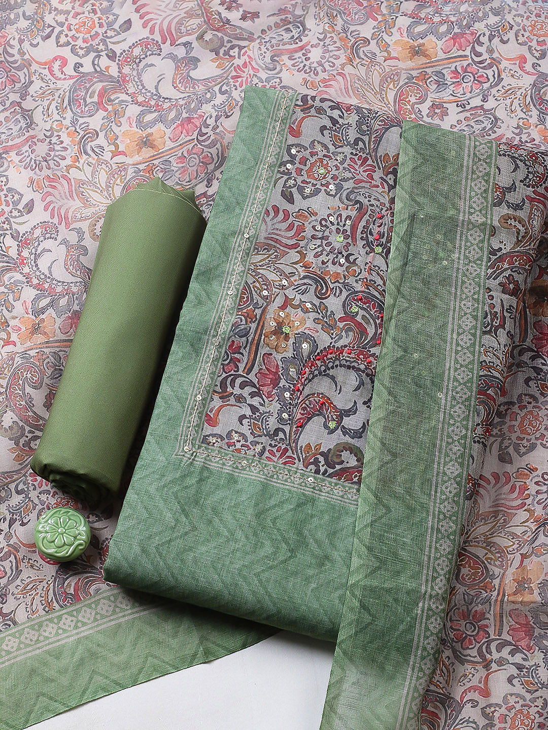 Embroidered Chanderi Unstitched Suit With Pant &amp; Dupatta