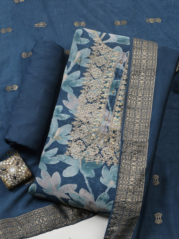 Printed Cotton Blend Unstitched Suit With Pant &amp; Dupatta