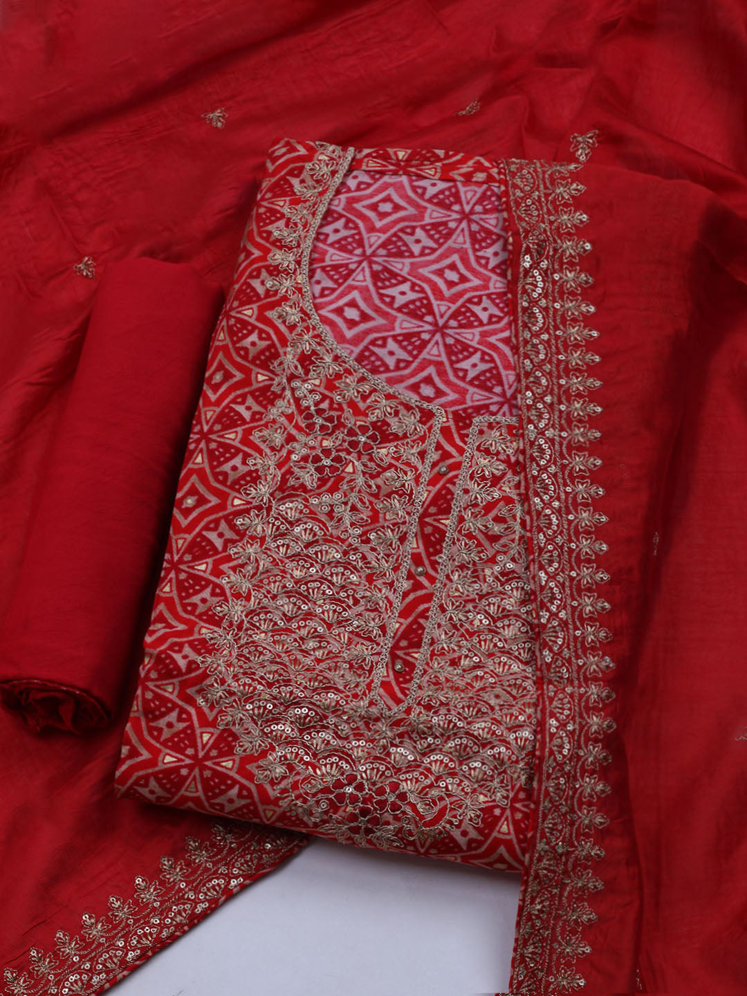 Neck Embroidered Cotton Blend Unstitched Suit With Dupatta