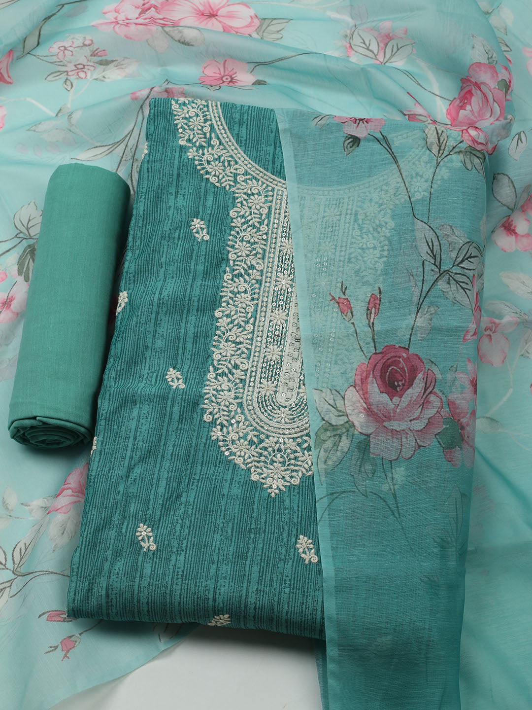 Embroidered Chanderi Unstitched Kurta With Pant & Dupatta