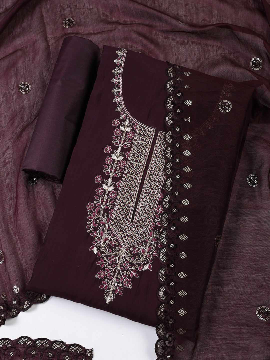 Neck Embroidered Chanderi Unstitched Suit With Dupatta