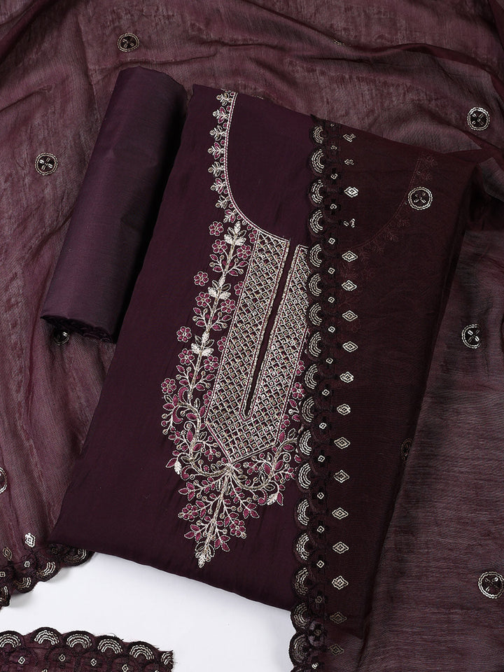 Neck Embroidered Chanderi Unstitched Suit With Dupatta