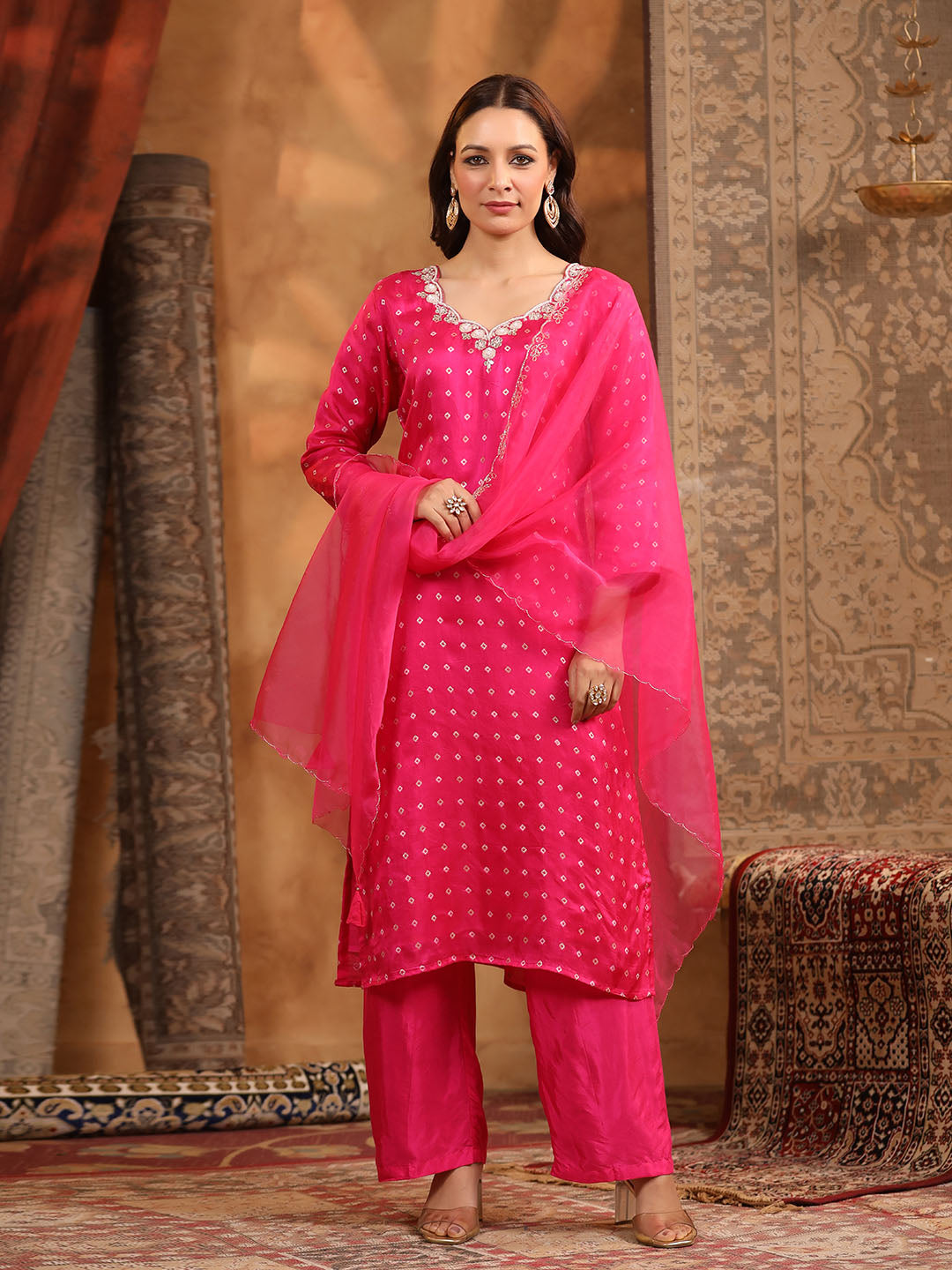 Neck Embroidered Art Silk Kurta With Pants &amp; Dupatta