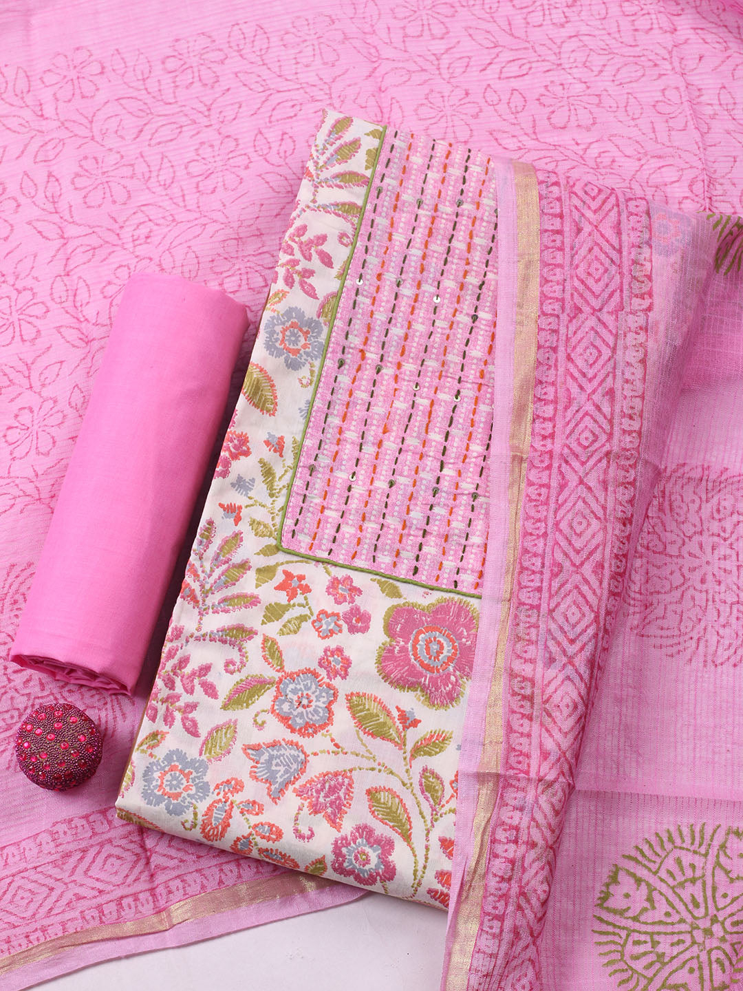 Printed Cotton Blend Unstitched Suit With Pant &amp; Dupatta