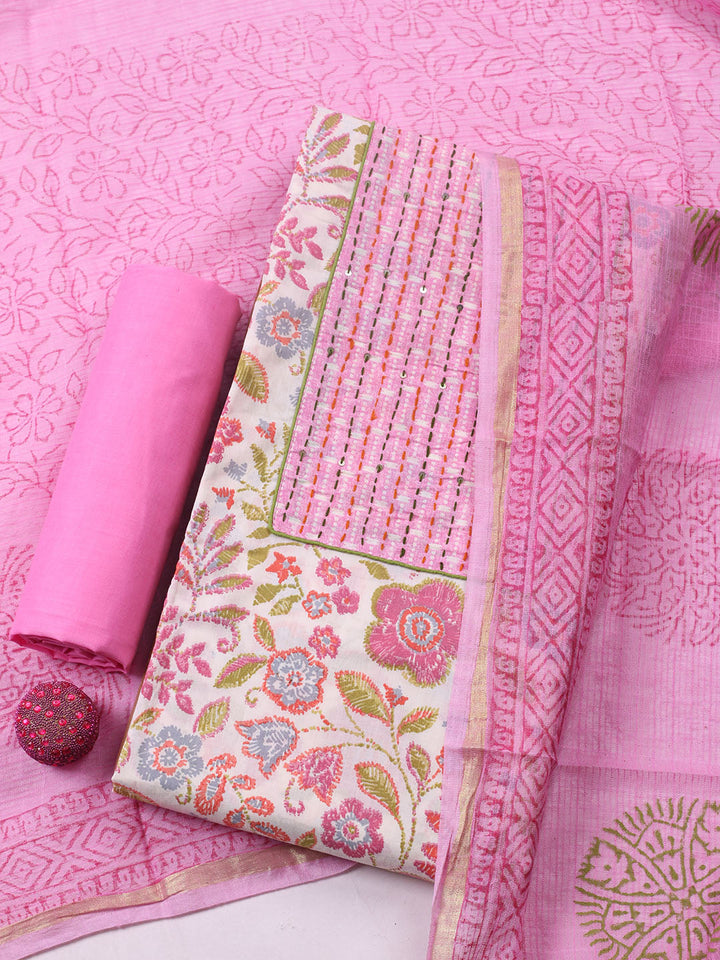 Printed Cotton Blend Unstitched Suit With Pant &amp; Dupatta