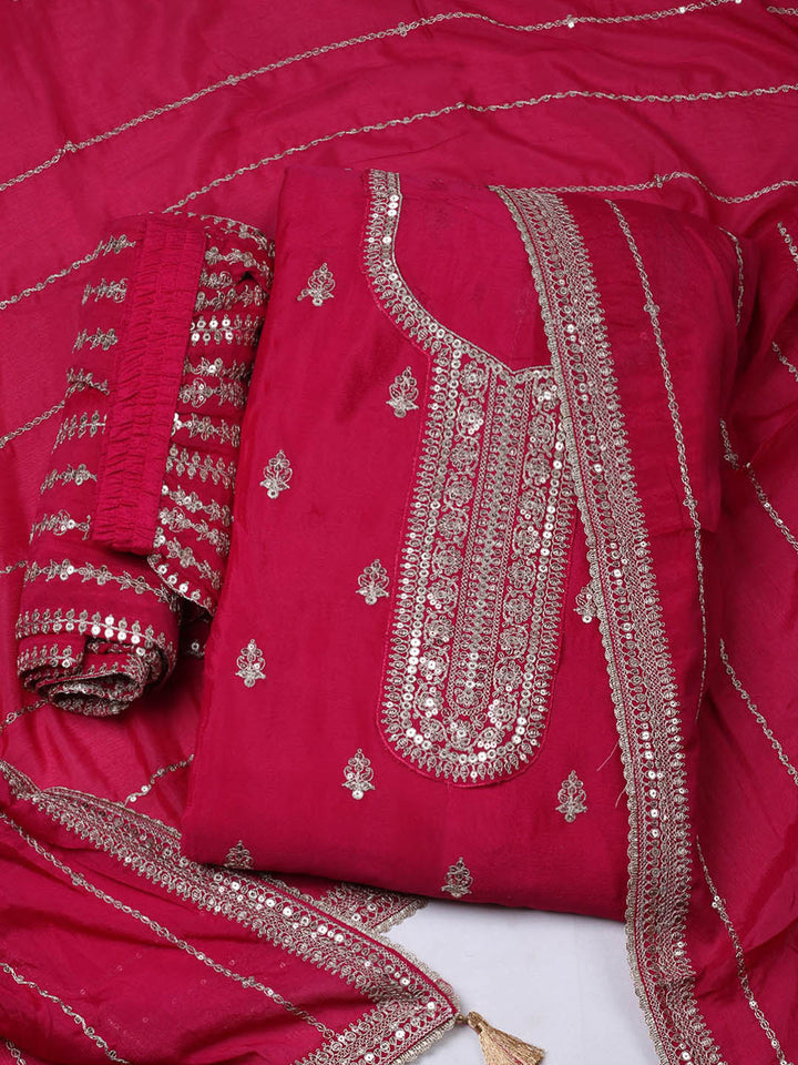 Embroidered Chinon Unstitched Suit With Pant &amp; Dupatta