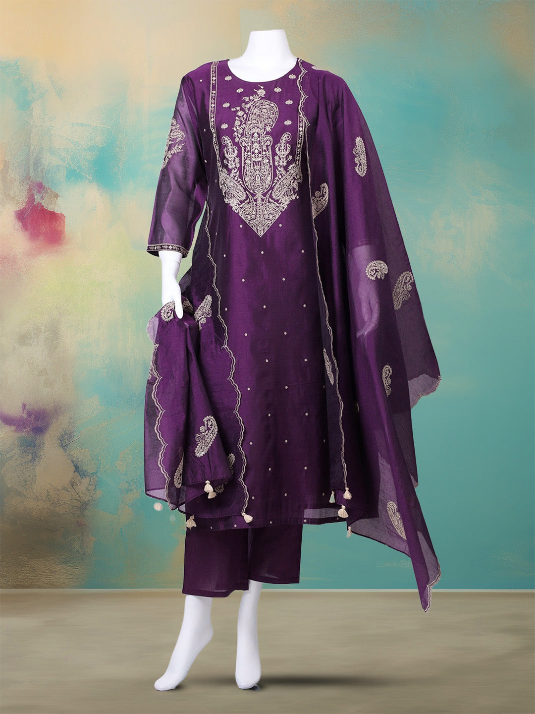 Embroidered Chanderi Kurta With Pant & Dupatta